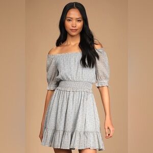 NWT Lulus touch of glam dotted dusty blue off the shoulder fairycore mini dress